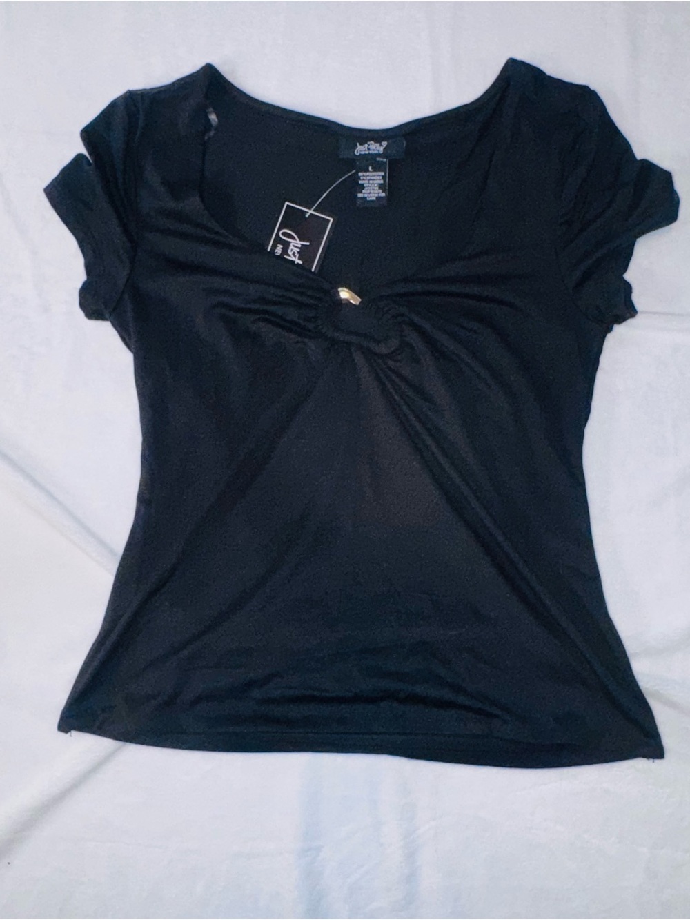 Just Polly Black Ruched Ring Front Stretch Top NWT Large - Picture 3 of 10